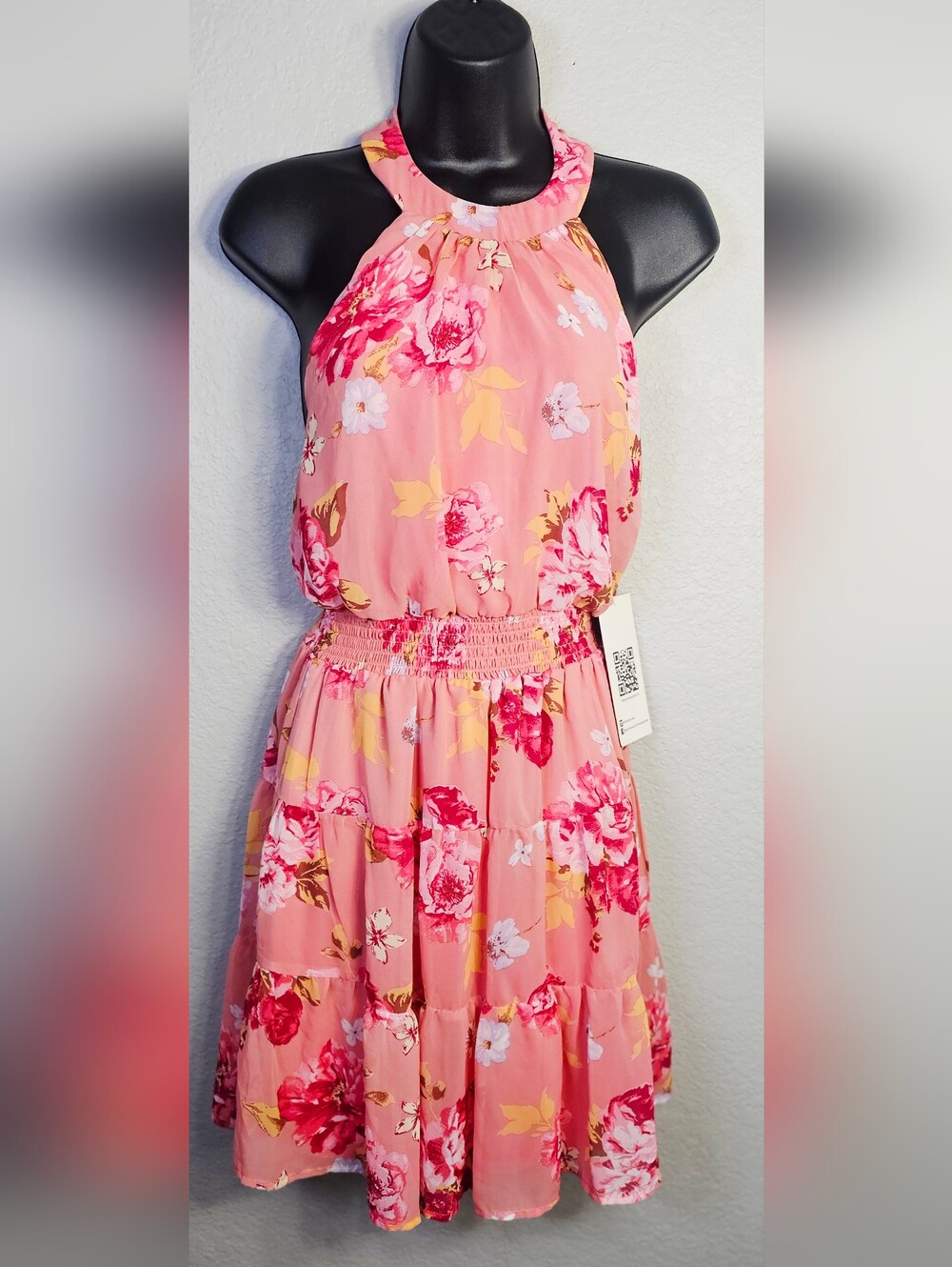 NWT Emerald Sundae Pink Floral Halter Dress Smocked Tiered Size Small
